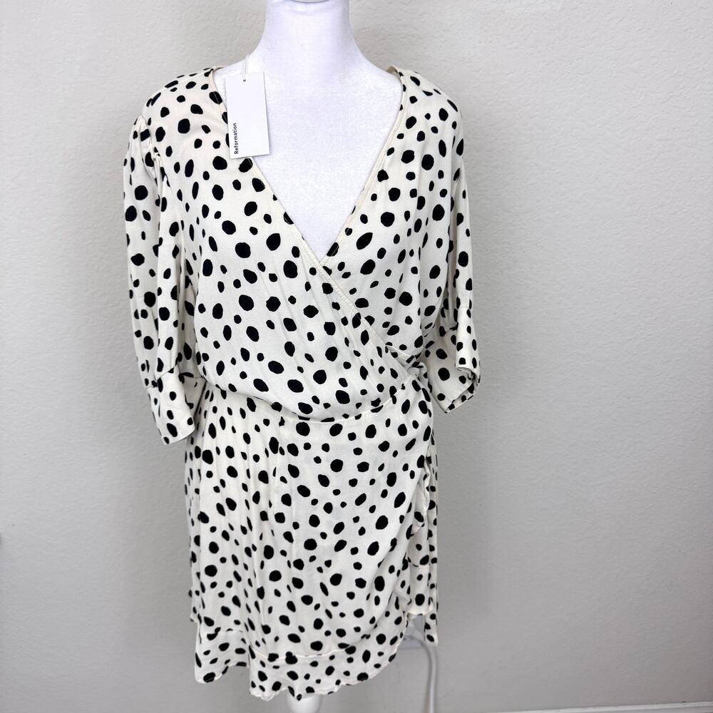 Reformation Womens Deanna Spotted Wrap Mini Black Dress Size XL Flowy